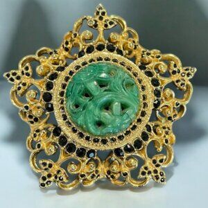 Vintage Rare DiNicola Faux Jade Glass Gold Plated Brooch Designer 1960s